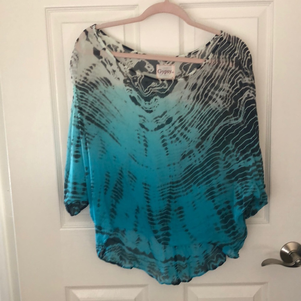 Gypsy 05 100% Silk Aqua & Grey Ocean Look Blouse